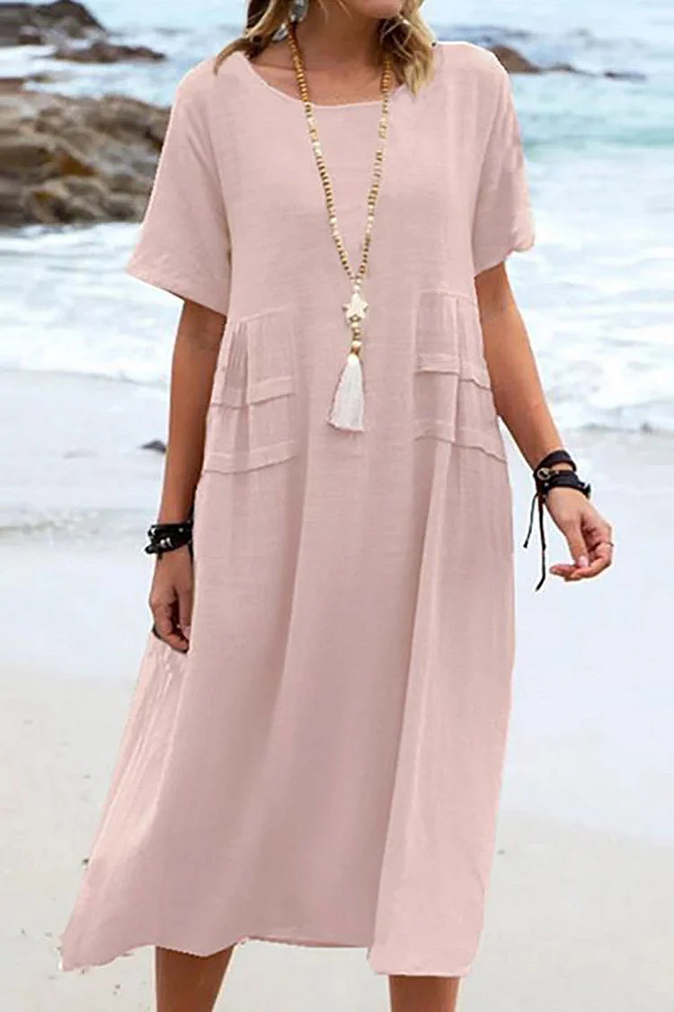 Loose Casual Solid Color Round Neck Short Sleeve Dress
