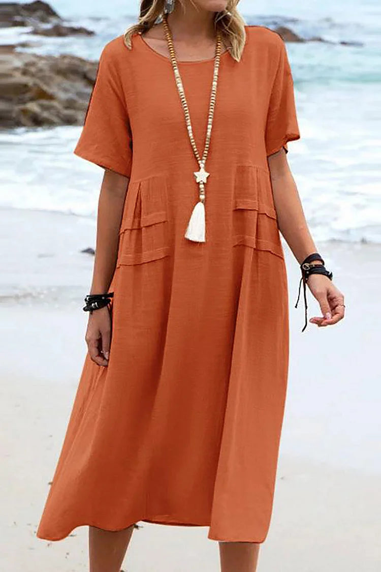 Loose Casual Solid Color Round Neck Short Sleeve Dress