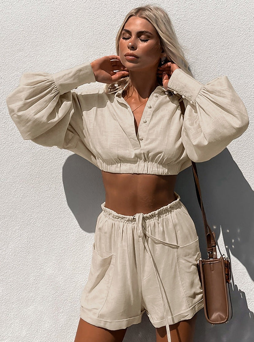 LUXE™ | LONG SLEEVE LACE UP SHORT LEISURE SET