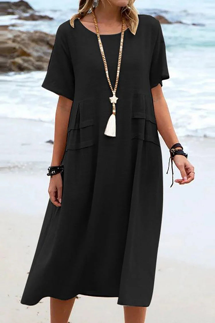 Loose Casual Solid Color Round Neck Short Sleeve Dress